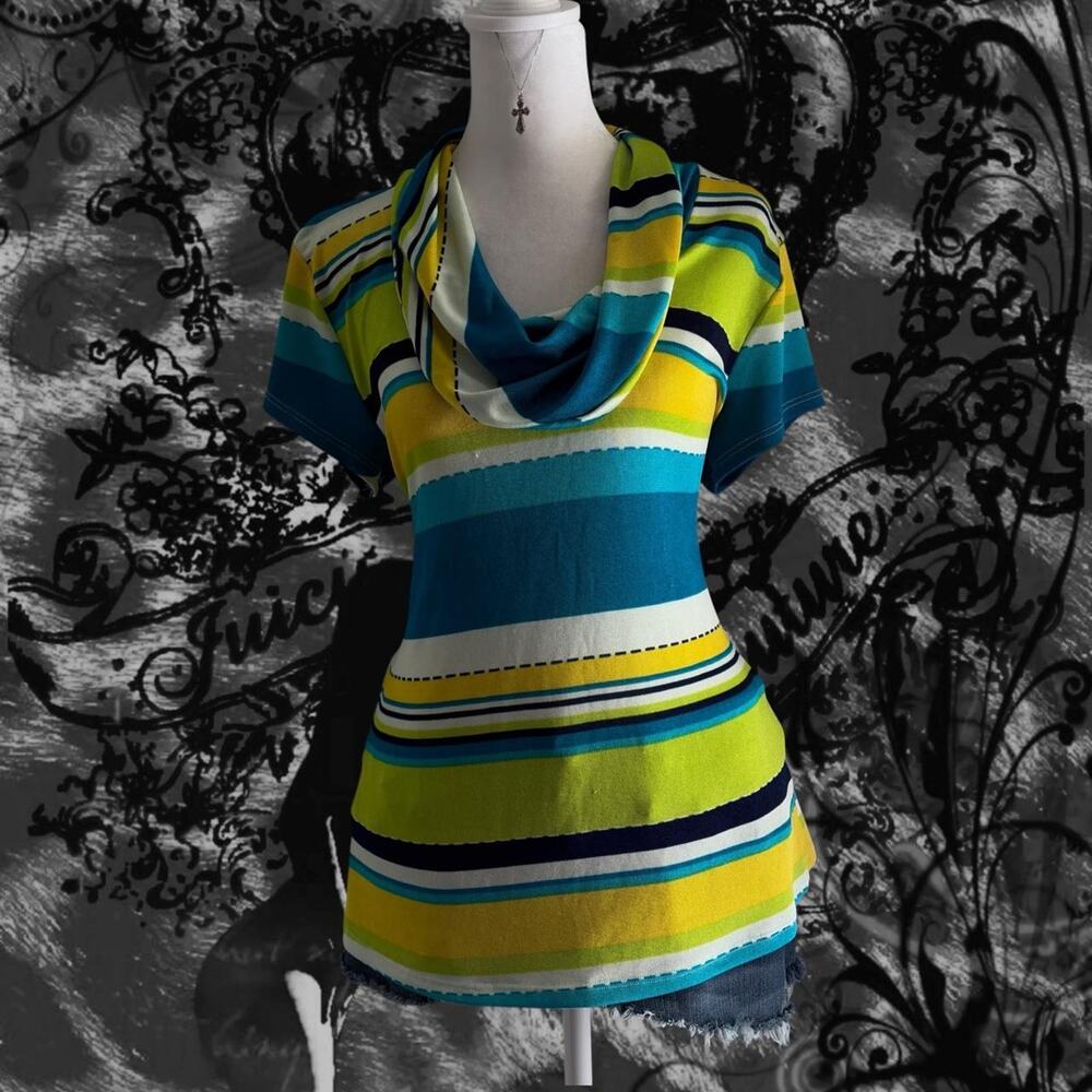 velour teal ocean blue lime green black white retro glam stripes top